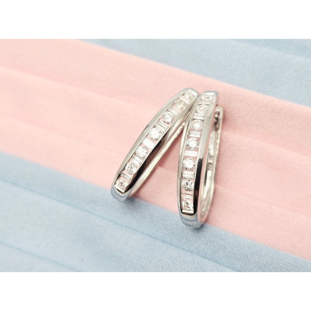 Unique 14k Solid White Gold Round  Baguette Diamond Hinged Oval Hoop Earrings